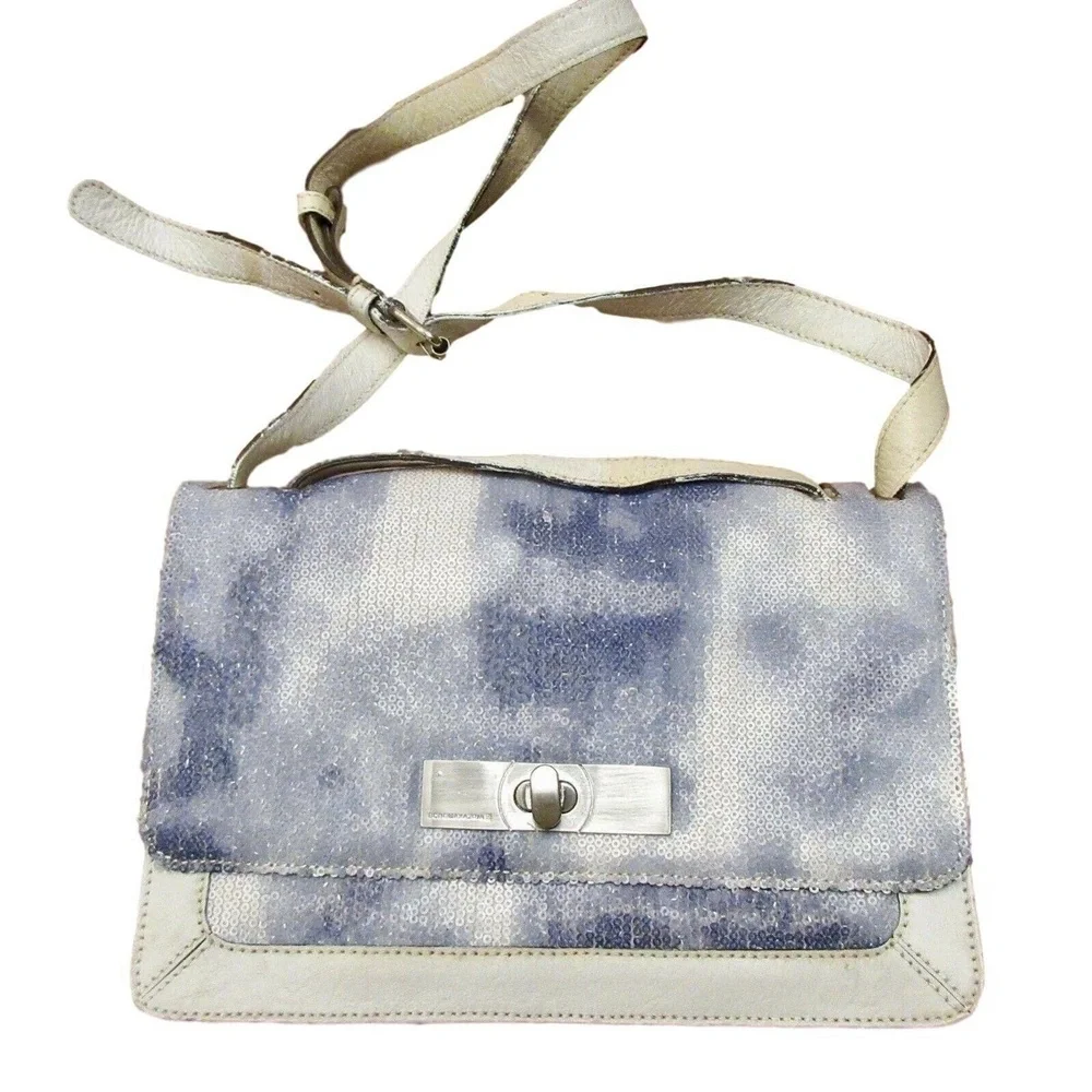 BCBGMaxAzria Womens Blue White Sequins Leather Rectangle Flap Shoulder Bag Purse